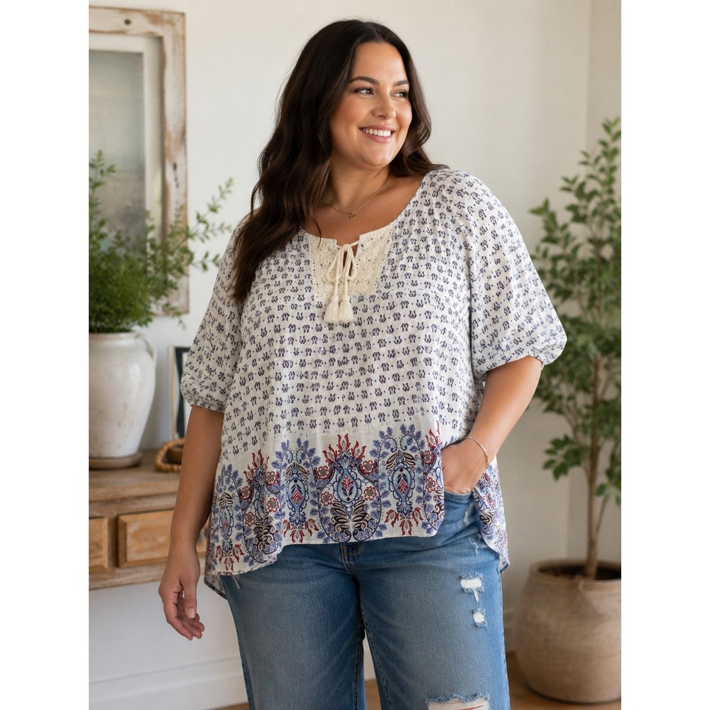 NorthCrest Womens Plus 20W/22W 100% Cotton Peasant Top Paisley Crochet Tassel